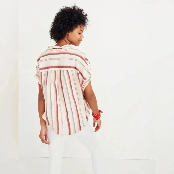 Madewell Pink Red Valentine Albee Striped Central Button Down Short Sleeve Shirt - Picture 11 of 12